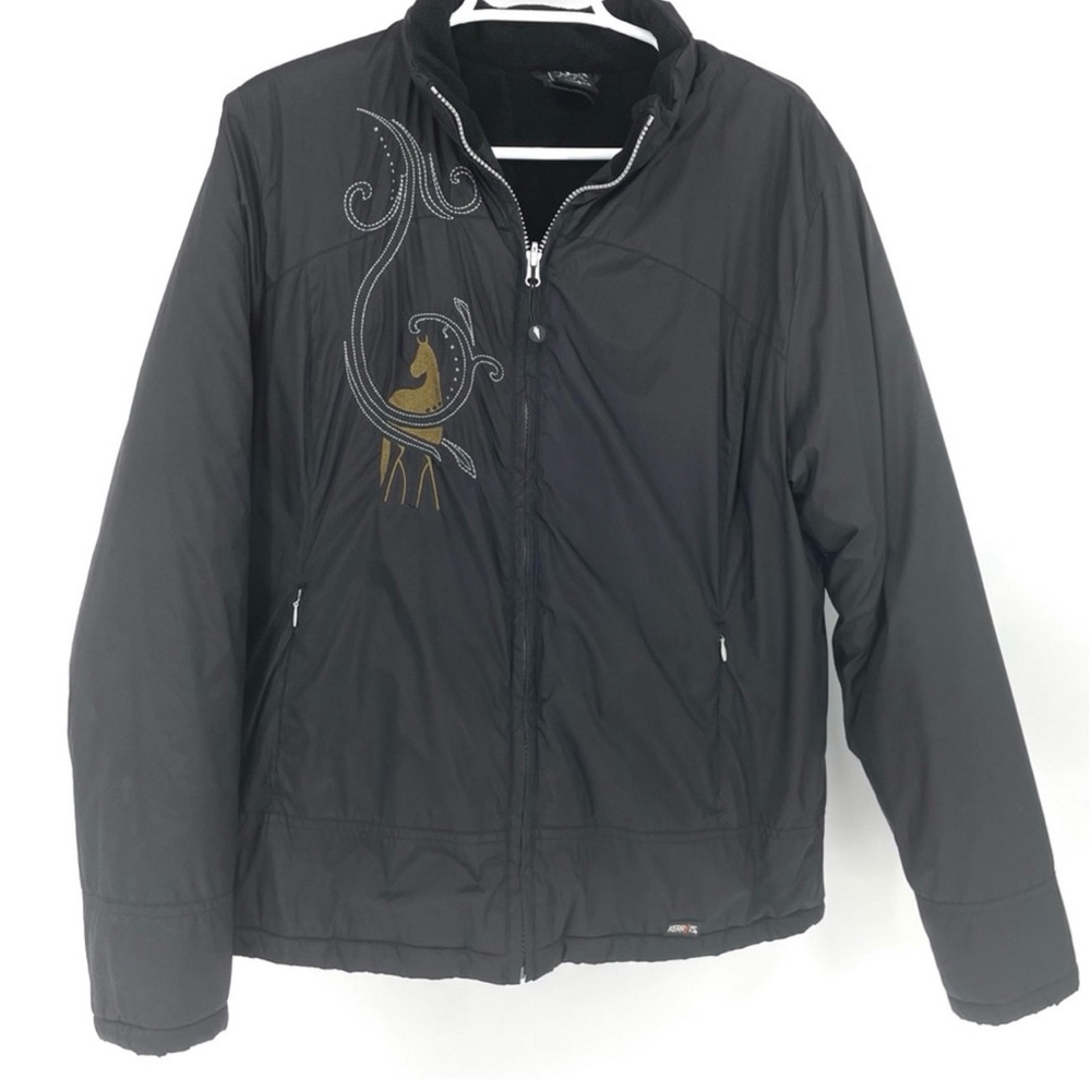 KERRITS WOMEN’S BLACK GOLD HORSE EMBROIDERED ZIP DOWN JACKET LARGE
